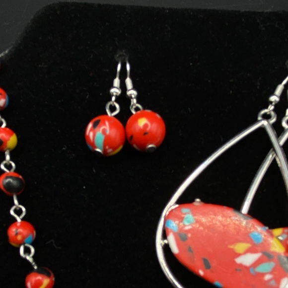 Bright Red Abstract Papparazi Necklace & 2 Pairs Earrings Set - Picture 6 of 12